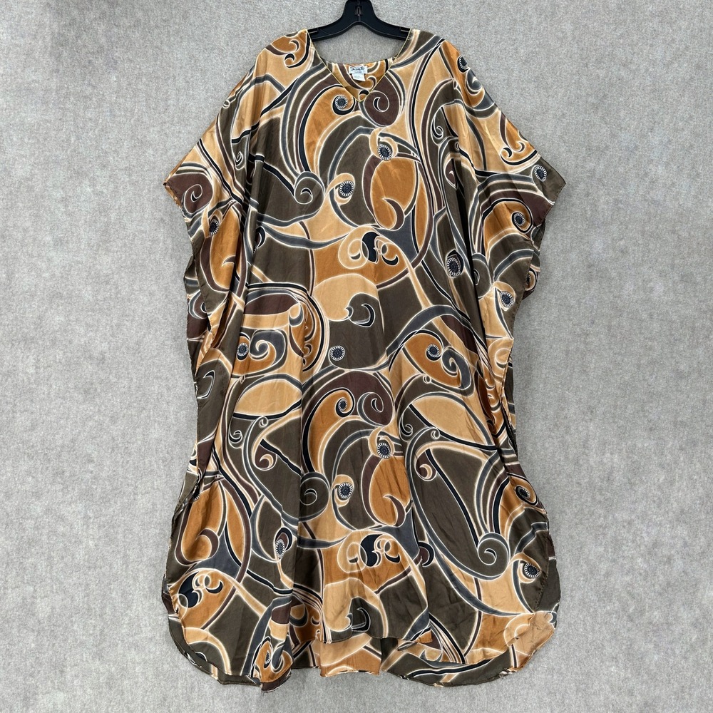 Sante Classics Satin‎ Kaftan Dress One Size Brown Tan Swirl Print Lagenlook